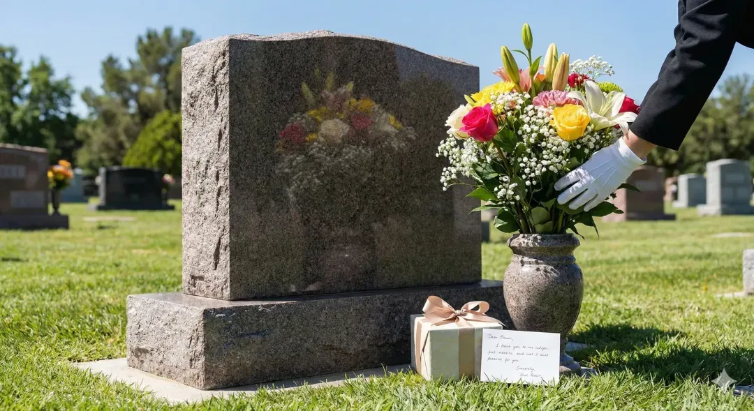 Gloved hand placing fresh flowers in a vase at a granite headstone