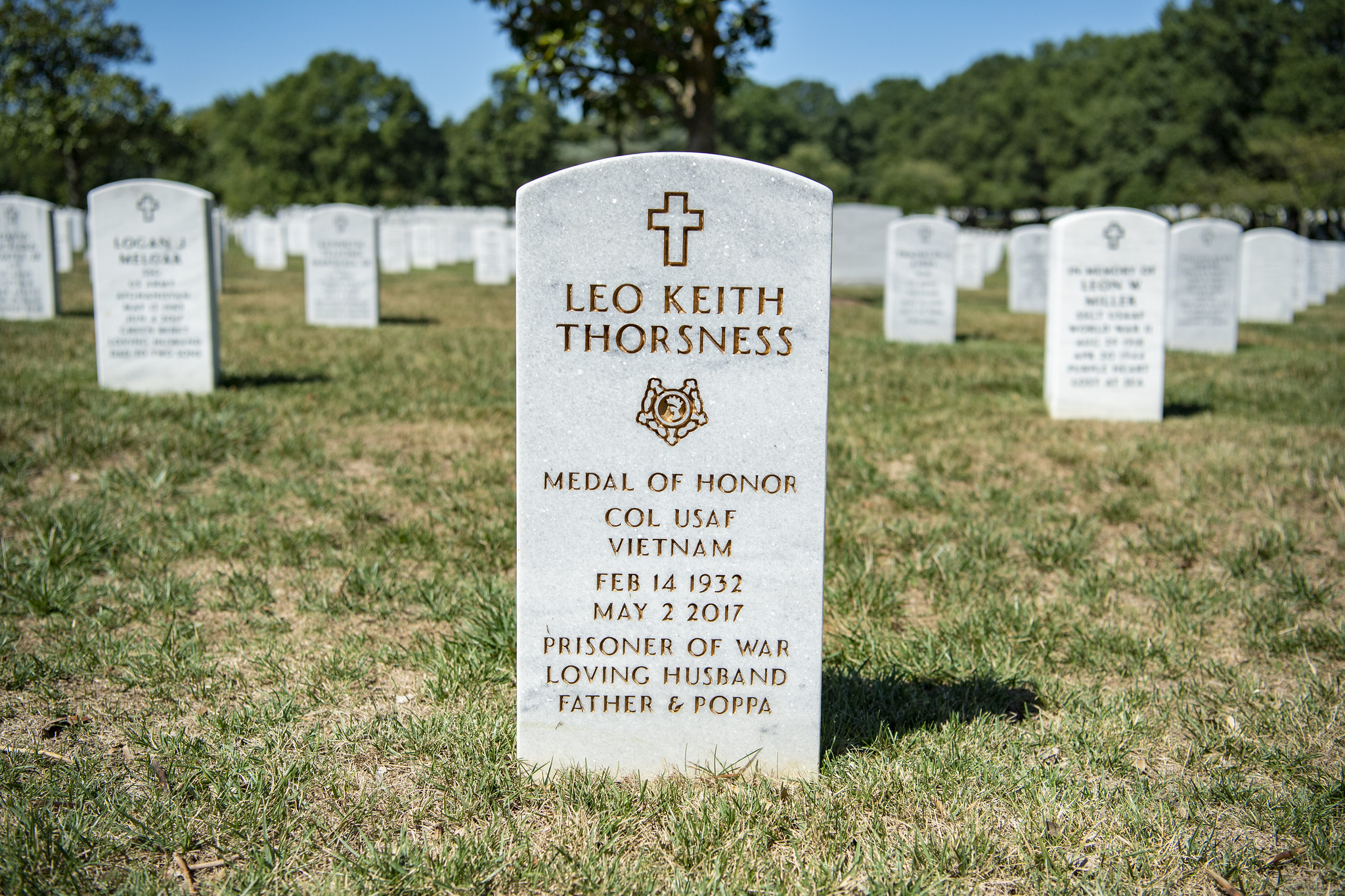Military markers with gilded inscriptions in a national cemetery