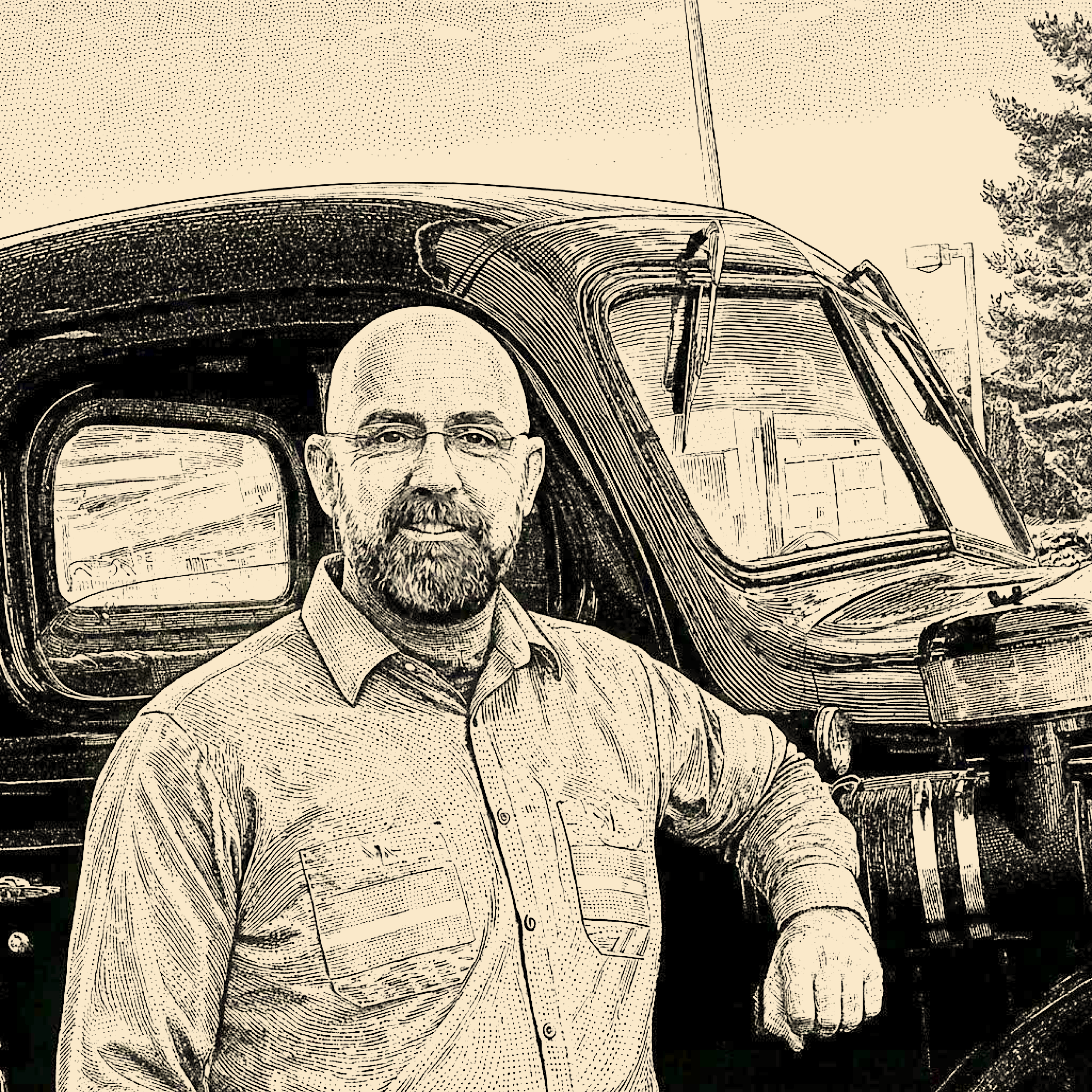 Pen-and-ink portrait of Nick Gaplanyan beside his truck
