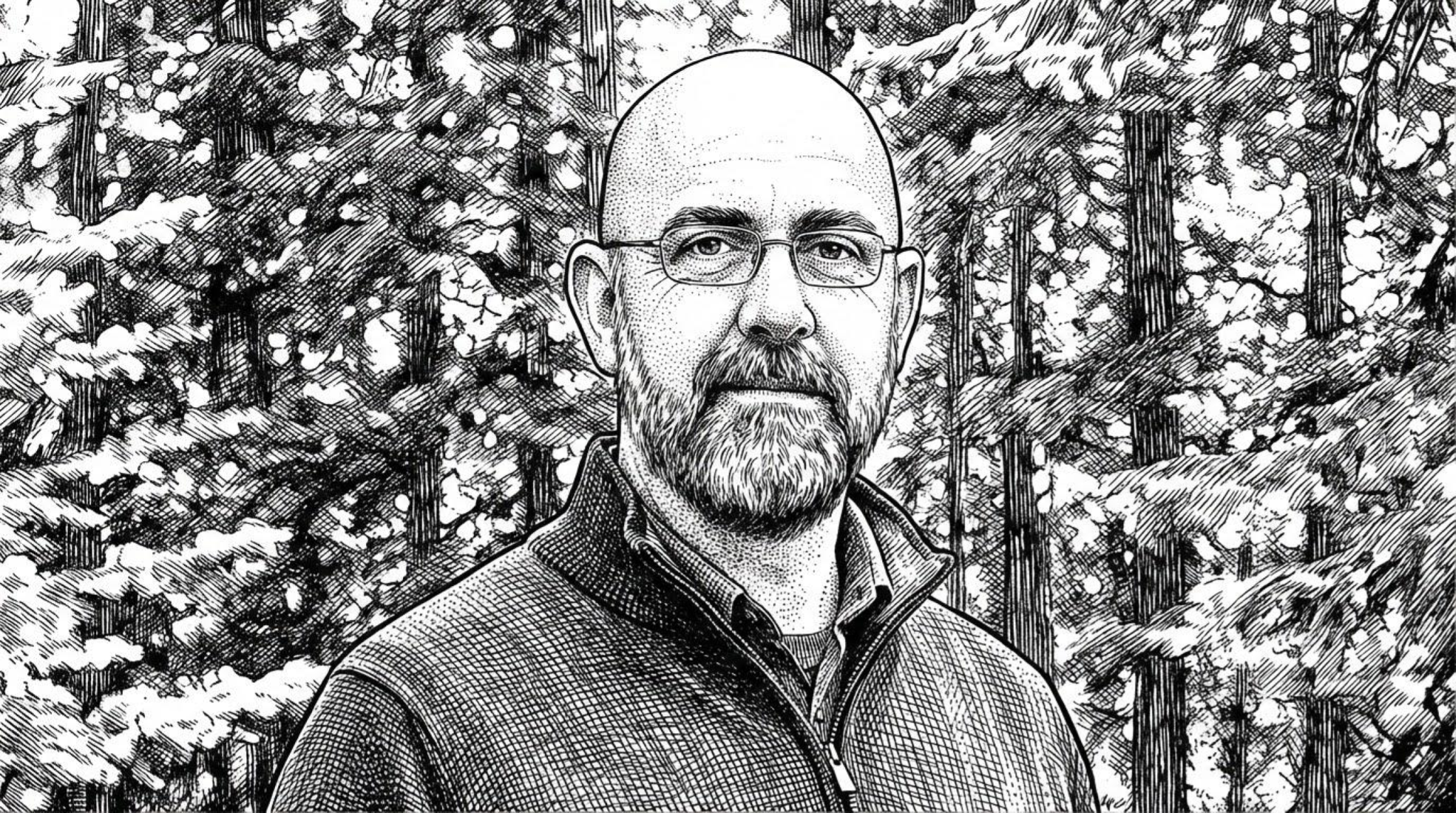 Pen-and-ink illustration of Nick Gaplanyan on site in a Pacific Northwest cemetery